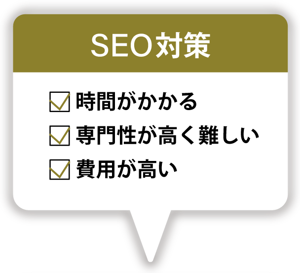 SEO 対策の欠点/ 時間がかかる/ 専門性が高く難しい/ 費用が高い