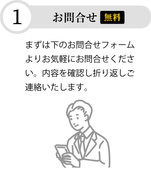 【無料】お問い合わせまずは下のお問い合わせフォームよりお気軽にお問合せください。内容を確認し折り返しご連絡いたします。